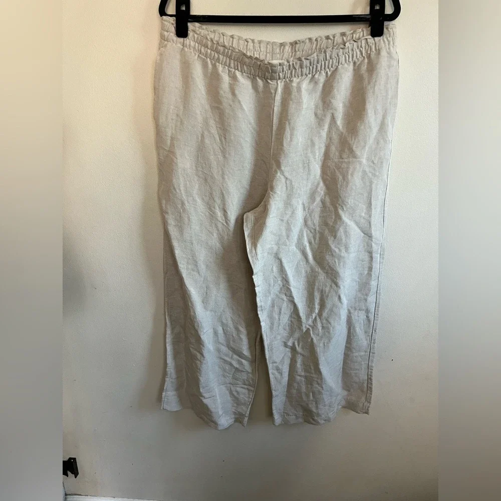 H&M Linen Blend Pants Women Large Beige Excellent Wide Leg Cropped Elastic Waist